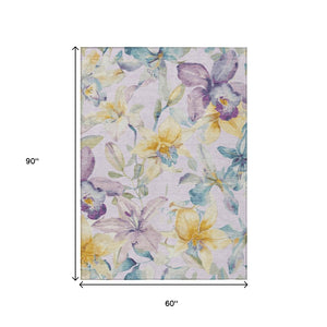 HomeRoots 5' X 8' Elegant Floral Indoor Outdoor Rug in Lavender, Gold & Ivory – Washable, Stain-Resistant Design 640937