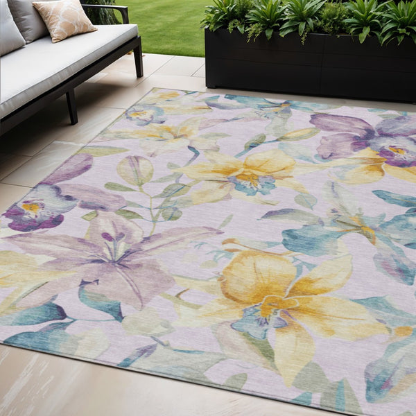 HomeRoots 5' X 8' Elegant Floral Indoor Outdoor Rug in Lavender, Gold & Ivory – Washable, Stain-Resistant Design 640937