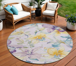 HomeRoots 8' Round Floral Area Rug in Lavender, Gold & Ivory - Washable, Stain Resistant for Indoor & Outdoor Use 640938