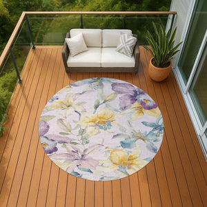 HomeRoots 8' Round Floral Area Rug in Lavender, Gold & Ivory - Washable, Stain Resistant for Indoor & Outdoor Use 640938