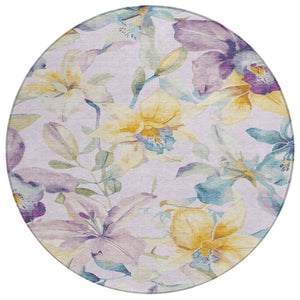 HomeRoots 8' Round Floral Area Rug in Lavender, Gold & Ivory - Washable, Stain Resistant for Indoor & Outdoor Use 640938