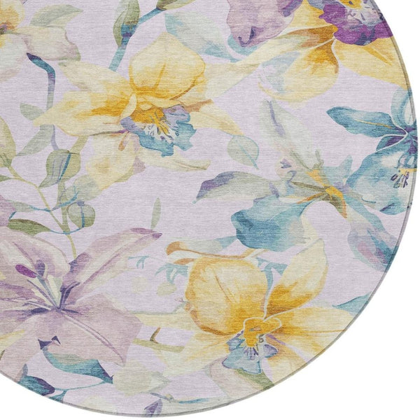 HomeRoots 8' Round Floral Area Rug in Lavender, Gold & Ivory - Washable, Stain Resistant for Indoor & Outdoor Use 640938