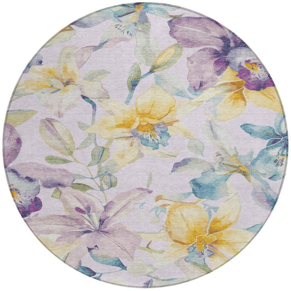 HomeRoots 8' Round Floral Area Rug in Lavender, Gold & Ivory - Washable, Stain Resistant for Indoor & Outdoor Use 640938