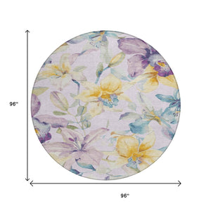 HomeRoots 8' Round Floral Area Rug in Lavender, Gold & Ivory - Washable, Stain Resistant for Indoor & Outdoor Use 640938
