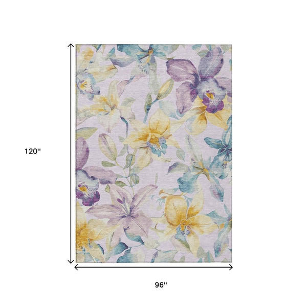 HomeRoots 8' X 10' Elegant Floral Area Rug in Lavender, Gold & Ivory - Washable for Indoor & Outdoor Use 640939