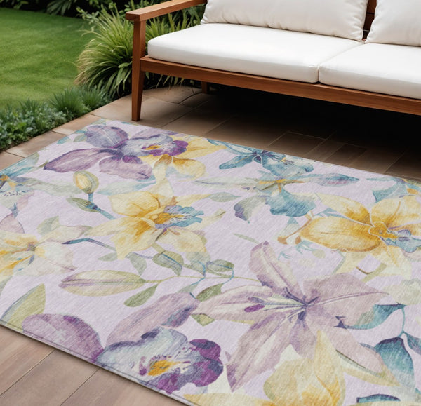 HomeRoots 8' X 10' Elegant Floral Area Rug in Lavender, Gold & Ivory - Washable for Indoor & Outdoor Use 640939