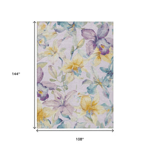 HomeRoots 9' X 12' Elegant Lavender Gold Ivory Floral Area Rug - Washable, Durable for Indoor & Outdoor Use 640940