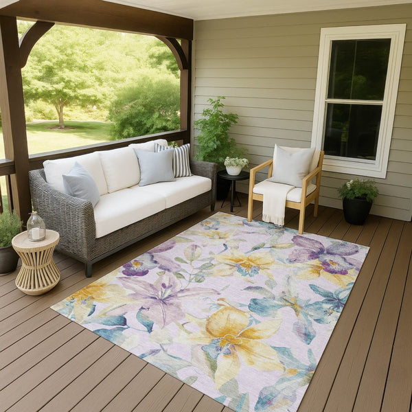 HomeRoots 10' X 14' Elegant Lavender Gold Ivory Floral Washable Rug for Indoor & Outdoor Spaces, Durable Comfort 640941