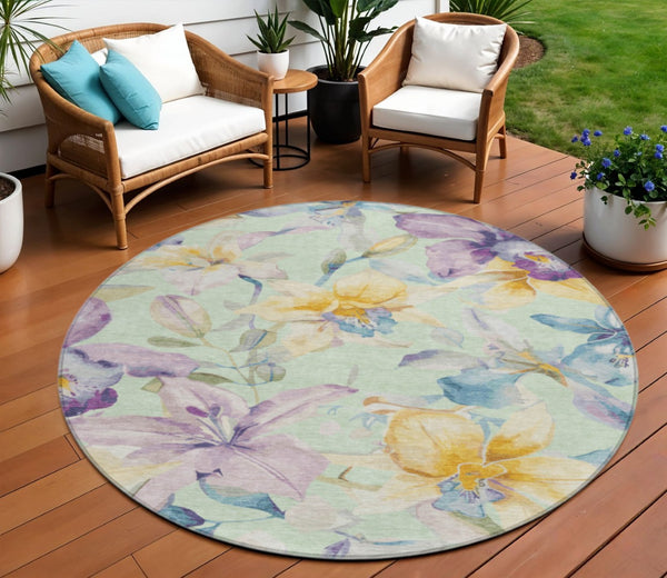 HomeRoots 8' Floral Round Area Rug in Mint Green, Gold & Lavender - Durable, Washable for Indoor & Outdoor Use 640944
