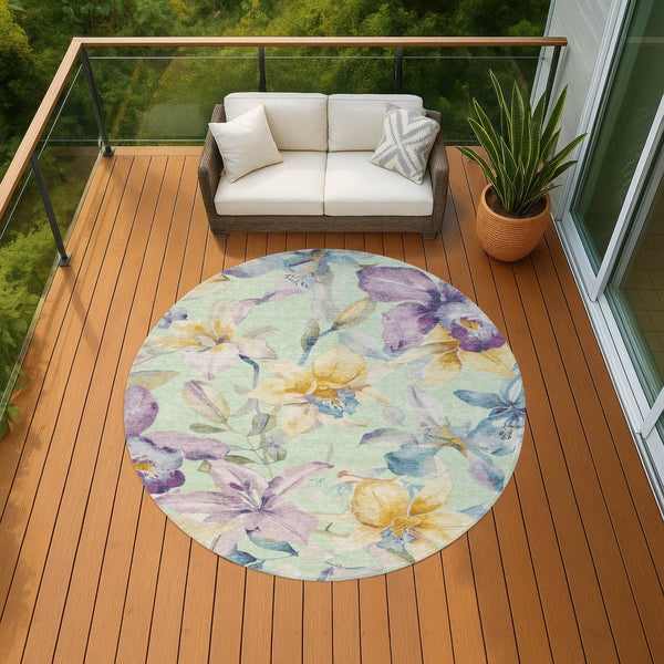 HomeRoots 8' Floral Round Area Rug in Mint Green, Gold & Lavender - Durable, Washable for Indoor & Outdoor Use 640944