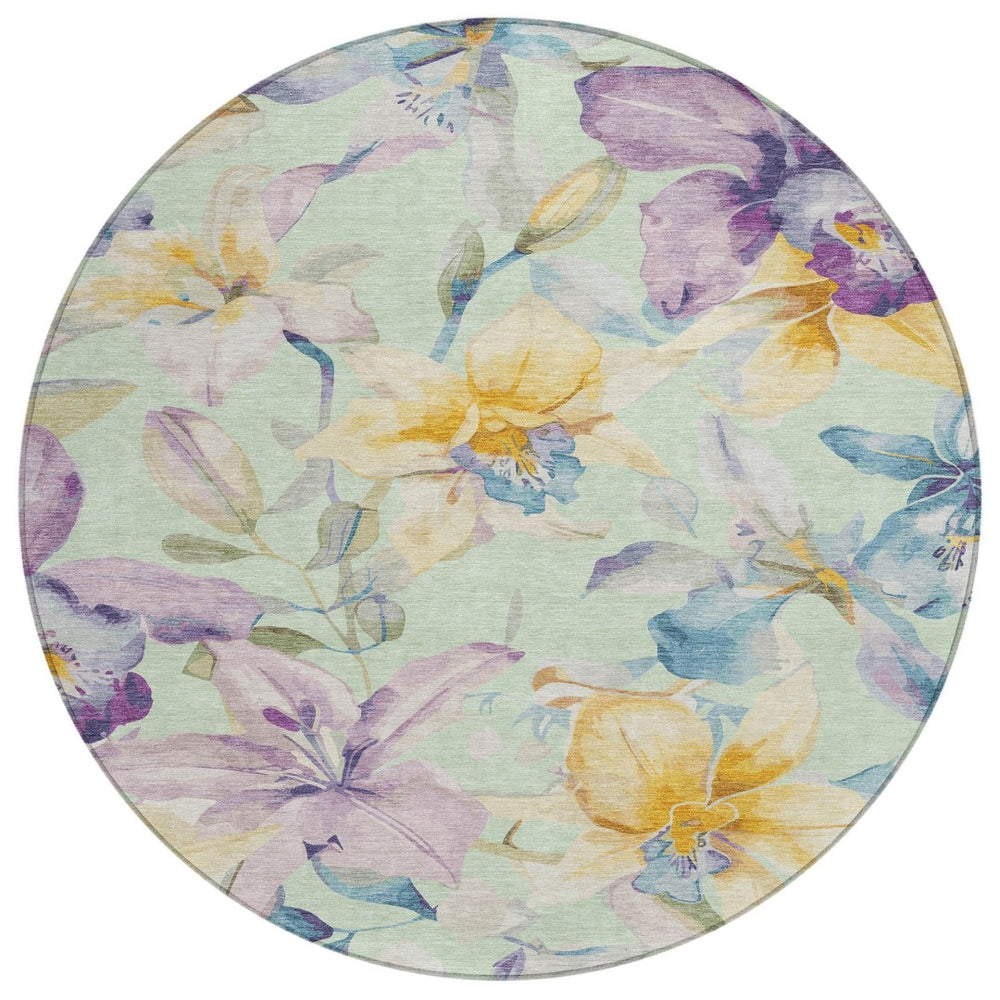 HomeRoots 8' Floral Round Area Rug in Mint Green, Gold & Lavender - Durable, Washable for Indoor & Outdoor Use 640944