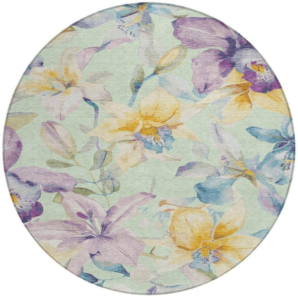 HomeRoots 8' Floral Round Area Rug in Mint Green, Gold & Lavender - Durable, Washable for Indoor & Outdoor Use 640944