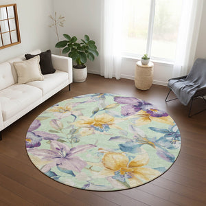 HomeRoots 8' Floral Round Area Rug in Mint Green, Gold & Lavender - Durable, Washable for Indoor & Outdoor Use 640944