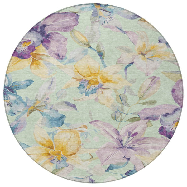 HomeRoots 8' Floral Round Area Rug in Mint Green, Gold & Lavender - Durable, Washable for Indoor & Outdoor Use 640944