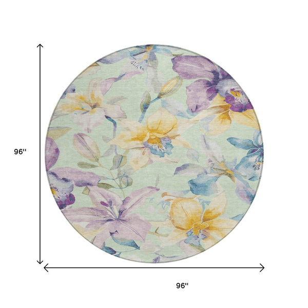 HomeRoots 8' Floral Round Area Rug in Mint Green, Gold & Lavender - Durable, Washable for Indoor & Outdoor Use 640944