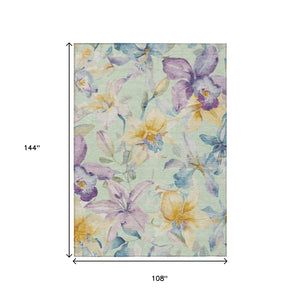 HomeRoots 9' X 12' Floral Area Rug in Mint Green, Gold & Lavender - Durable, Washable for Indoor/Outdoor Use 640946