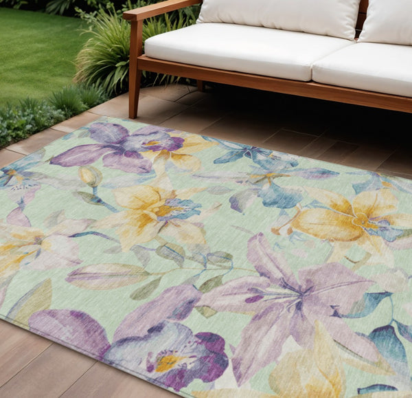 HomeRoots 9' X 12' Floral Area Rug in Mint Green, Gold & Lavender - Durable, Washable for Indoor/Outdoor Use 640946