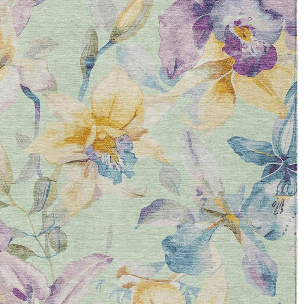 HomeRoots 9' X 12' Floral Area Rug in Mint Green, Gold & Lavender - Durable, Washable for Indoor/Outdoor Use 640946