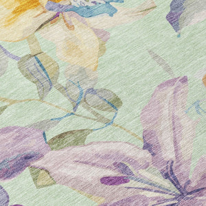 HomeRoots 9' X 12' Floral Area Rug in Mint Green, Gold & Lavender - Durable, Washable for Indoor/Outdoor Use 640946