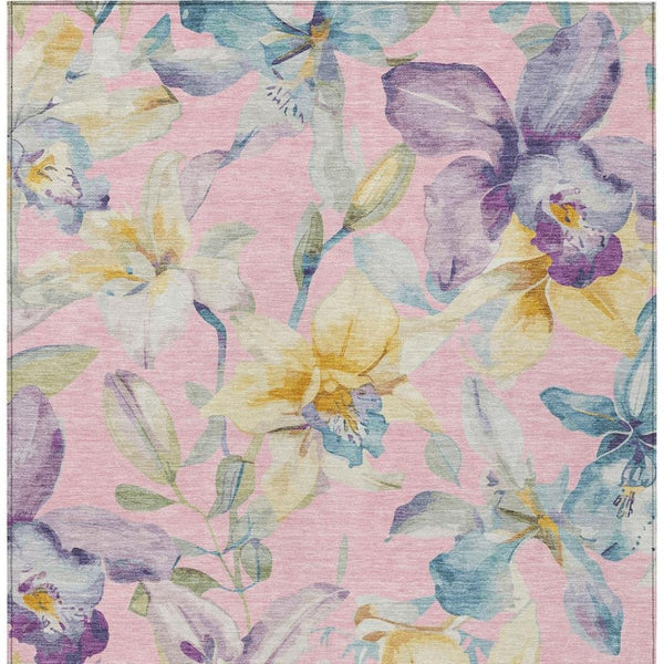 HomeRoots 5' Pink Gold Lavender Floral Washable Area Rug - Durable, Stylish Design for Indoor & Outdoor Use 640949