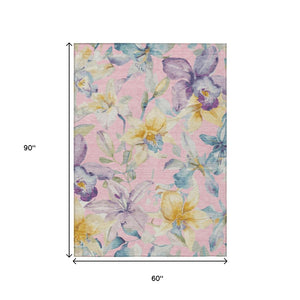 HomeRoots 5' Pink Gold Lavender Floral Washable Area Rug - Durable, Stylish Design for Indoor & Outdoor Use 640949