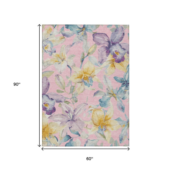 HomeRoots 5' Pink Gold Lavender Floral Washable Area Rug - Durable, Stylish Design for Indoor & Outdoor Use 640949