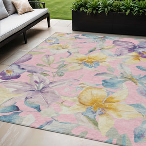 HomeRoots 5' Pink Gold Lavender Floral Washable Area Rug - Durable, Stylish Design for Indoor & Outdoor Use 640949