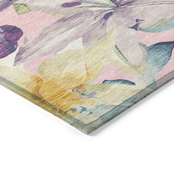 HomeRoots 5' Pink Gold Lavender Floral Washable Area Rug - Durable, Stylish Design for Indoor & Outdoor Use 640949