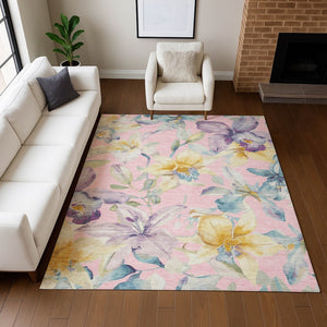HomeRoots 5' Pink Gold Lavender Floral Washable Area Rug - Durable, Stylish Design for Indoor & Outdoor Use 640949