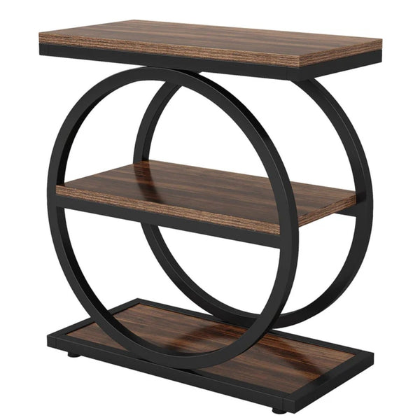 English Elm Modern Two Tier End Table Black Metal Frame Wood Grain Surface for Living Room T3971P451267