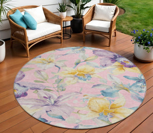 HomeRoots 8' Washable Round Floral Area Rug in Pink, Gold & Lavender - Durable for Indoor & Outdoor Use! 640950