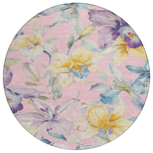 HomeRoots 8' Washable Round Floral Area Rug in Pink, Gold & Lavender - Durable for Indoor & Outdoor Use! 640950