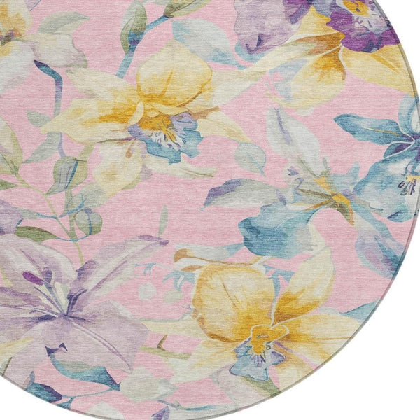 HomeRoots 8' Washable Round Floral Area Rug in Pink, Gold & Lavender - Durable for Indoor & Outdoor Use! 640950