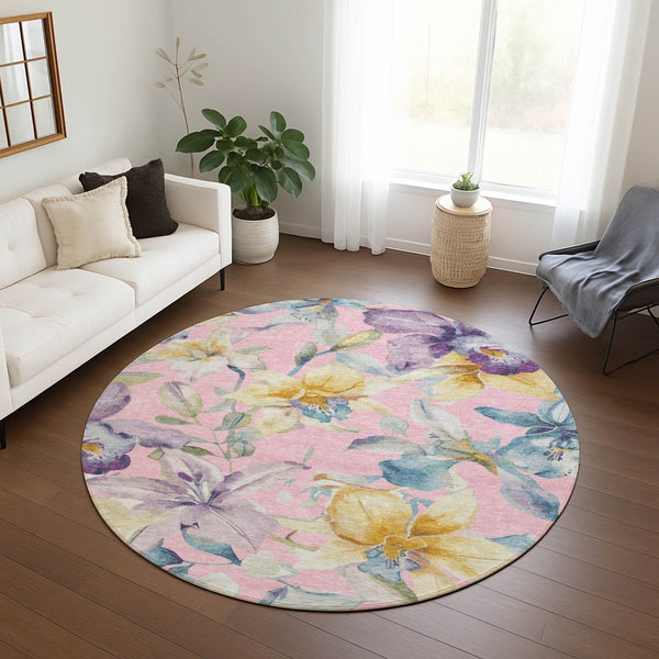 HomeRoots 8' Washable Round Floral Area Rug in Pink, Gold & Lavender - Durable for Indoor & Outdoor Use! 640950