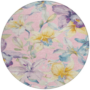 HomeRoots 8' Washable Round Floral Area Rug in Pink, Gold & Lavender - Durable for Indoor & Outdoor Use! 640950