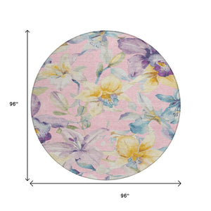 HomeRoots 8' Washable Round Floral Area Rug in Pink, Gold & Lavender - Durable for Indoor & Outdoor Use! 640950