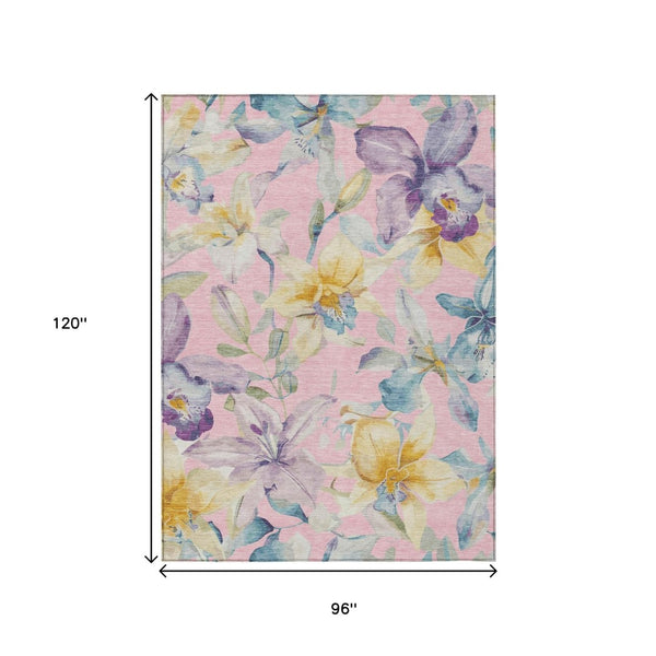 HomeRoots 8' X 10' Floral Washable Area Rug in Pink, Gold & Lavender - Perfect for Indoor & Outdoor Spaces! 640951