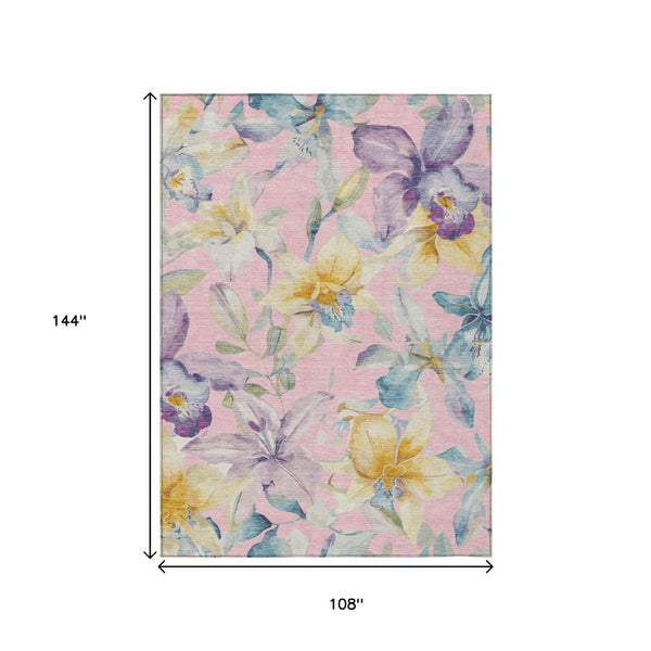 HomeRoots 9' X 12' Floral Washable Area Rug in Pink, Gold & Lavender - Perfect for Indoor & Outdoor Spaces! 640952