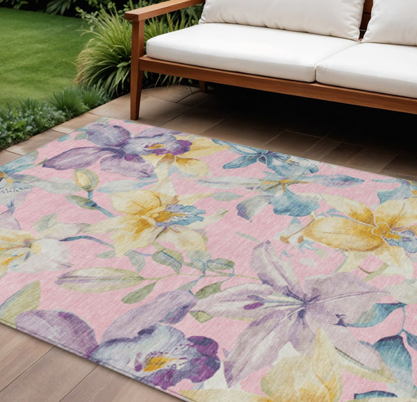 HomeRoots 9' X 12' Floral Washable Area Rug in Pink, Gold & Lavender - Perfect for Indoor & Outdoor Spaces! 640952