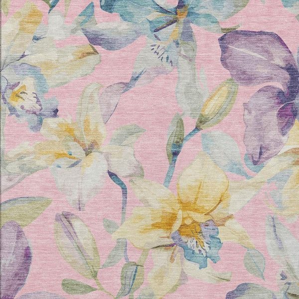 HomeRoots 9' X 12' Floral Washable Area Rug in Pink, Gold & Lavender - Perfect for Indoor & Outdoor Spaces! 640952