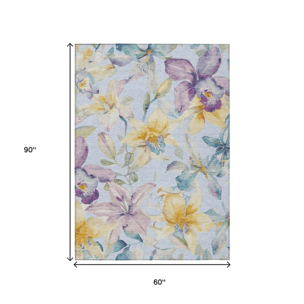 HomeRoots 5' X 8' Floral Area Rug - Sky Blue, Gold & Lavender - Washable, Durable, Indoor/Outdoor Use! 640955