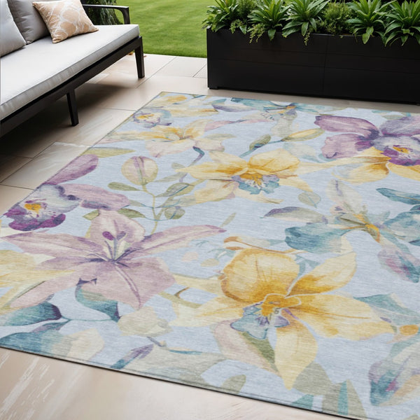 HomeRoots 5' X 8' Floral Area Rug - Sky Blue, Gold & Lavender - Washable, Durable, Indoor/Outdoor Use! 640955