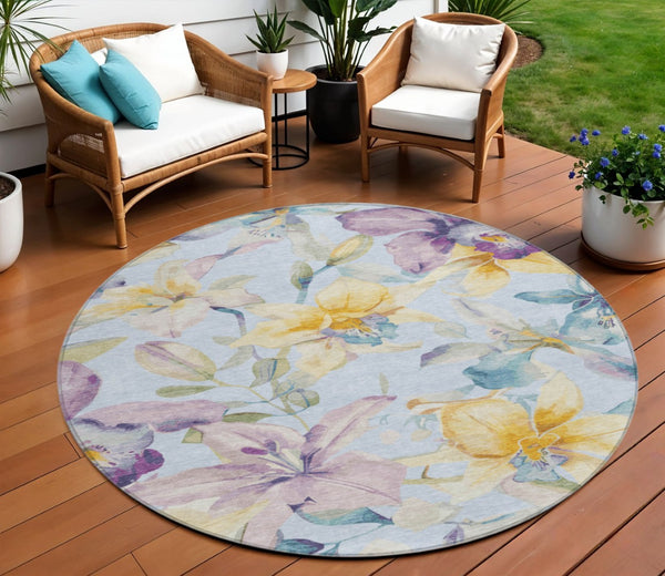 HomeRoots 8' Sky Blue Floral Area Rug - Elegant Gold & Lavender Design, Washable for Indoor/Outdoor Use 640956
