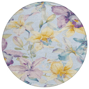 HomeRoots 8' Sky Blue Floral Area Rug - Elegant Gold & Lavender Design, Washable for Indoor/Outdoor Use 640956