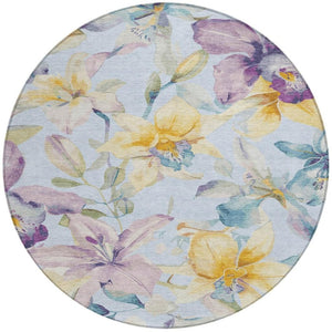 HomeRoots 8' Sky Blue Floral Area Rug - Elegant Gold & Lavender Design, Washable for Indoor/Outdoor Use 640956