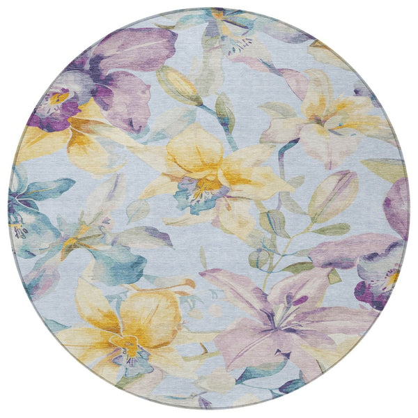 HomeRoots 8' Sky Blue Floral Area Rug - Elegant Gold & Lavender Design, Washable for Indoor/Outdoor Use 640956
