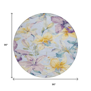 HomeRoots 8' Sky Blue Floral Area Rug - Elegant Gold & Lavender Design, Washable for Indoor/Outdoor Use 640956