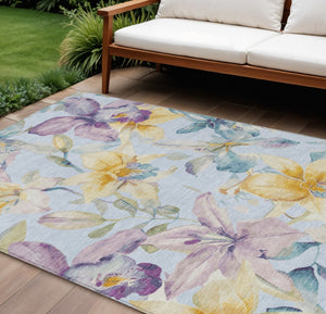 HomeRoots 8' Sky Blue Floral Area Rug - Durable, Washable, Indoor/Outdoor Carpet with Gold & Lavender Accents 640957