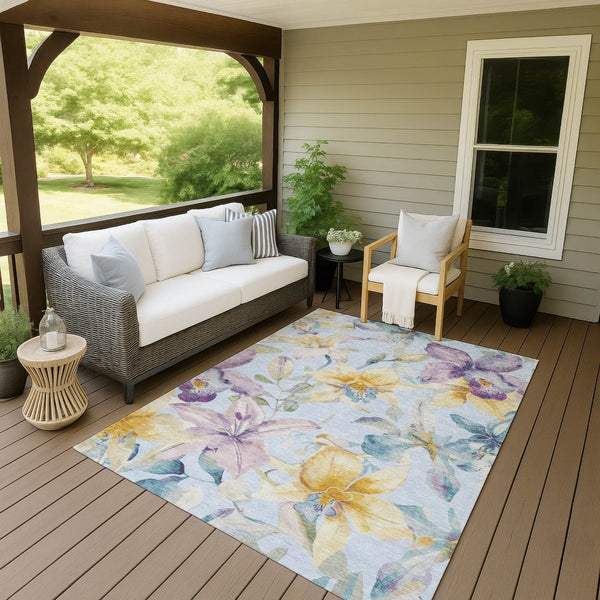 HomeRoots 8' Sky Blue Floral Area Rug - Durable, Washable, Indoor/Outdoor Carpet with Gold & Lavender Accents 640957