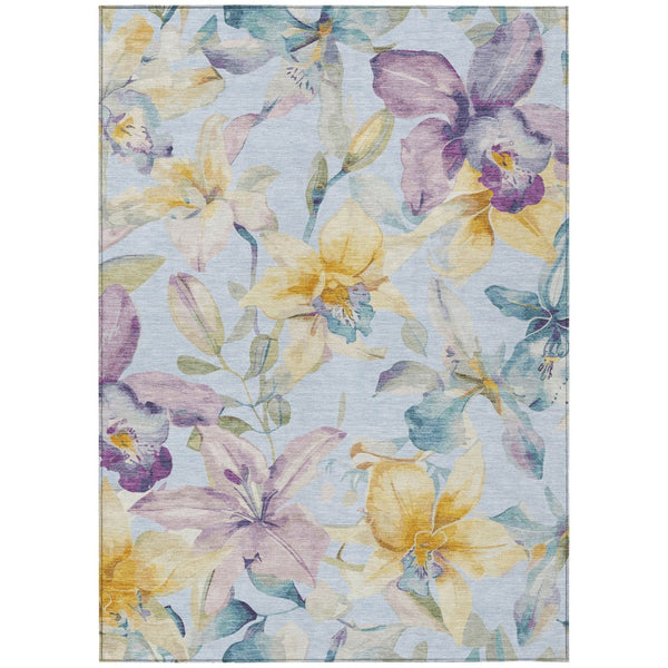 HomeRoots 8' Sky Blue Floral Area Rug - Durable, Washable, Indoor/Outdoor Carpet with Gold & Lavender Accents 640957
